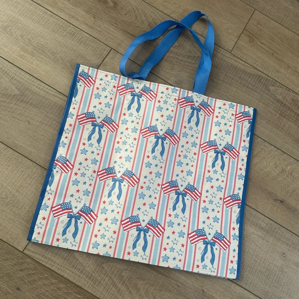 Viral Coquette Patriotic American Flag Bow Reusable Shopper Tote Bag NWOT